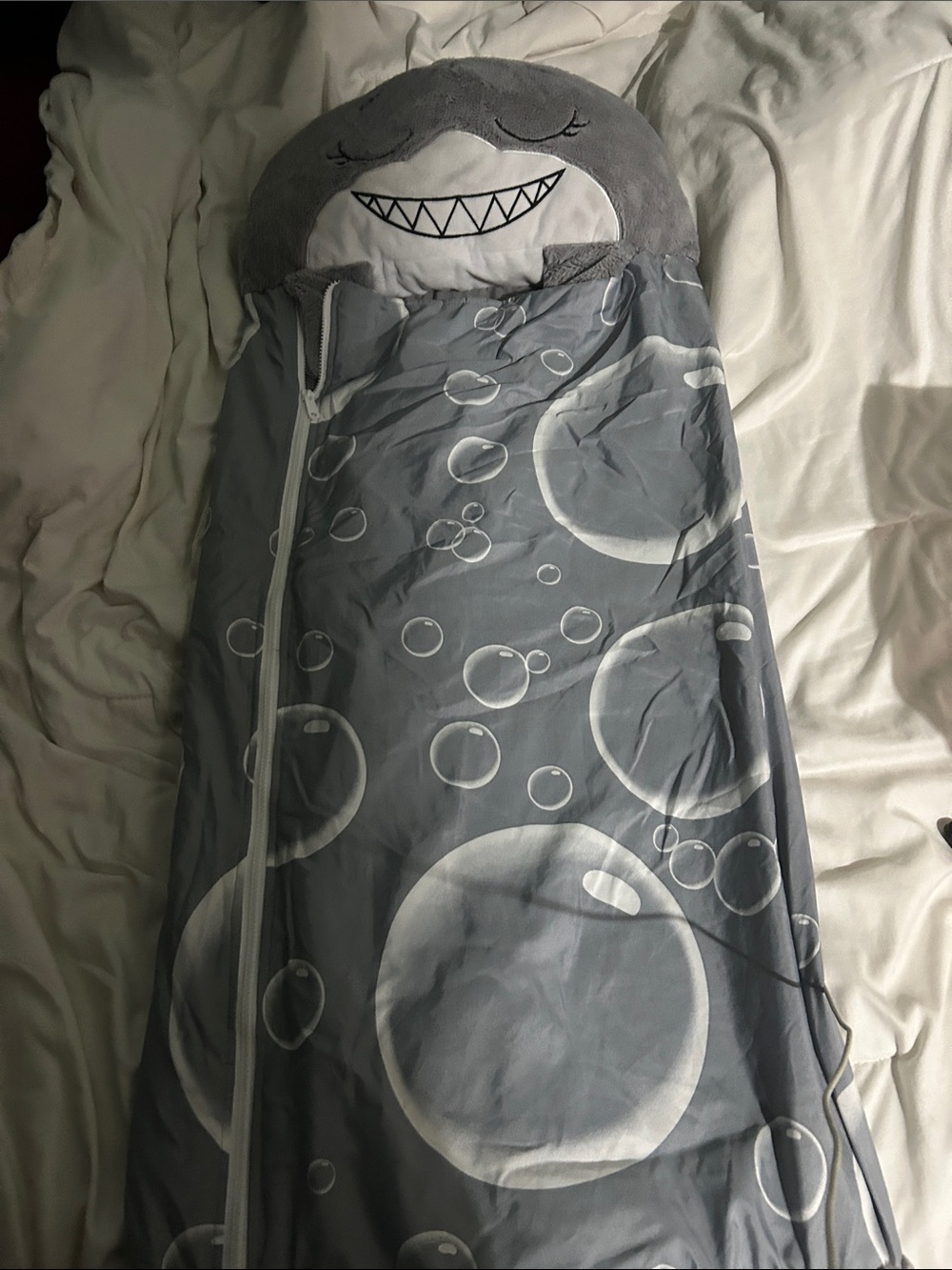 Happy Napier’s Gray Bubble-Print Kids Sleeping Bag with Plush Shark Hood